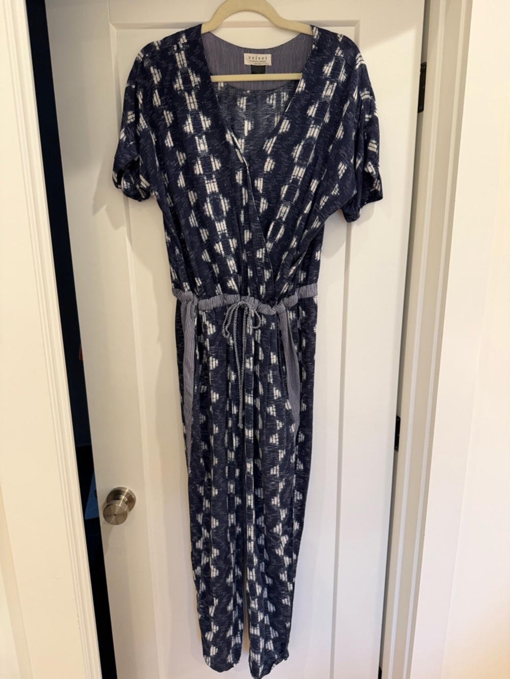 Velvet Navy & White Striped-Trim Top
